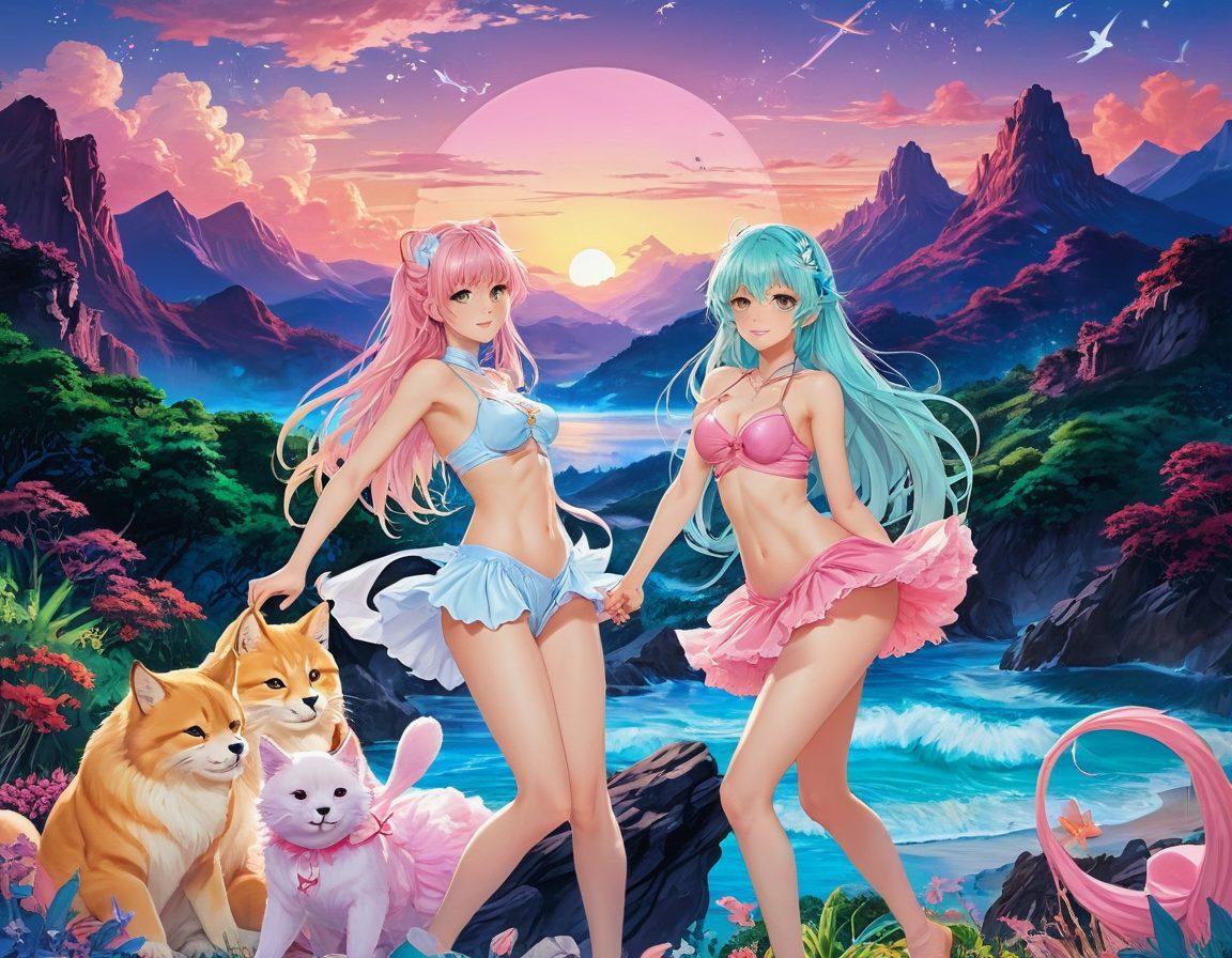A vibrant and colorful collage of iconic hentai characters in dynamic poses, showcasing an array of unique art styles from different series. The background is a dreamy landscape with soft pastel colors and whimsical elements, inviting exploration and fantasy. Include hints of playful symbols like hearts and stars to convey a sense of enjoyment. Super-realistic. Vibrant colors. Fantasy art.